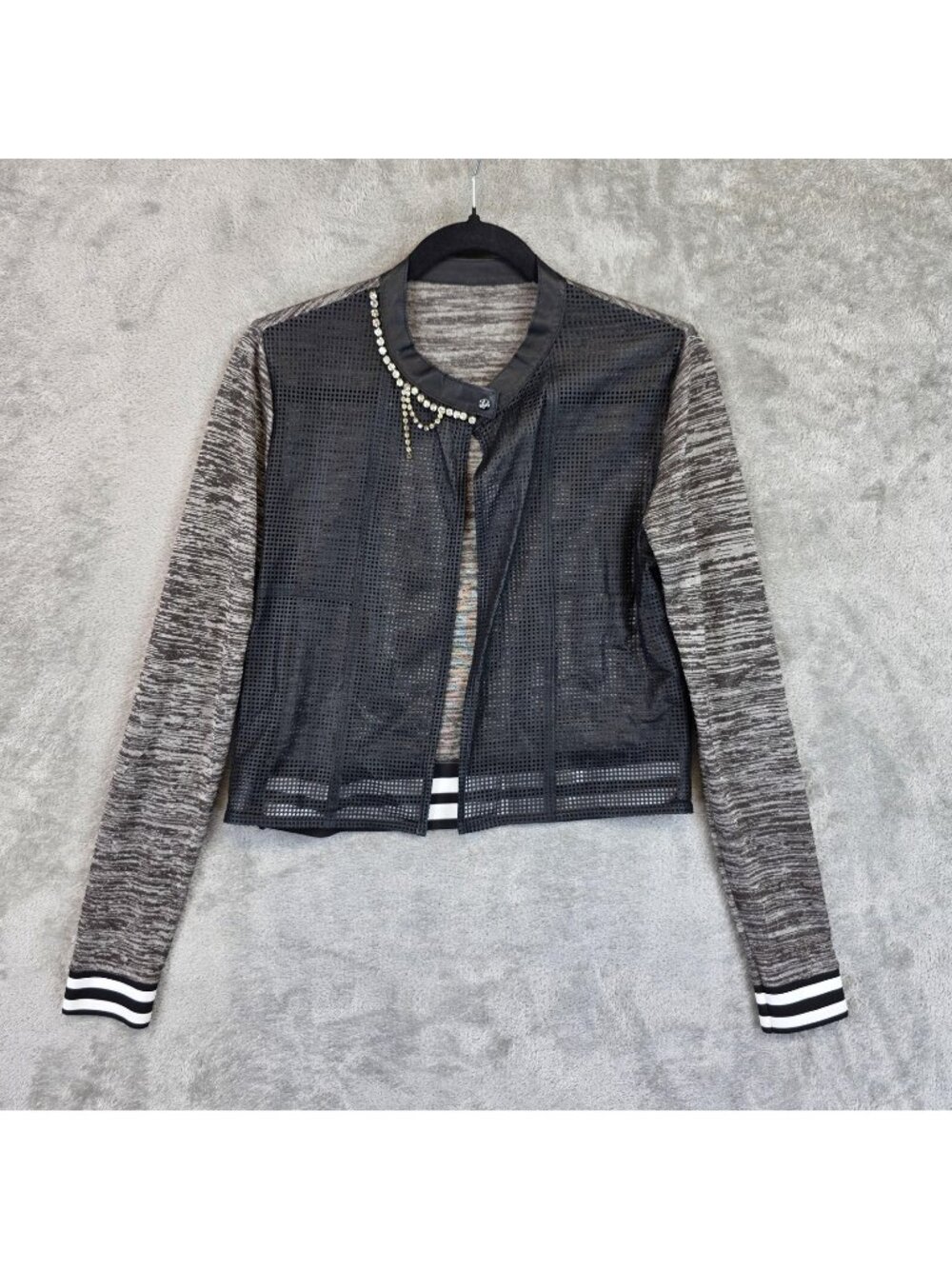 AVIU Jacket Womens S Black Faux Leather Mesh Varsity Rhinestone Trim Short